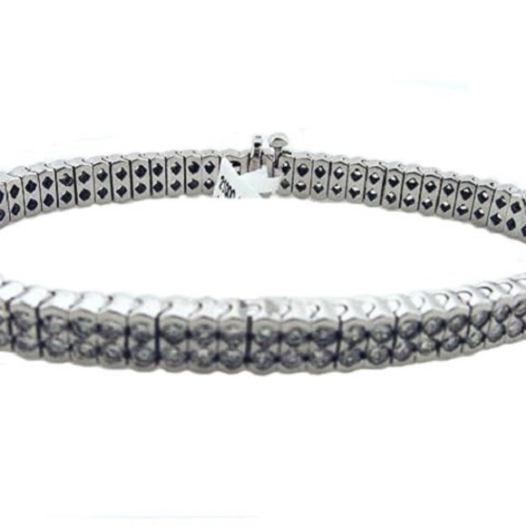 18K White Gold Bracelet. Double Row Prong Set Round  Round Brilliant Cut Diamonds on Prong Set Bracelet